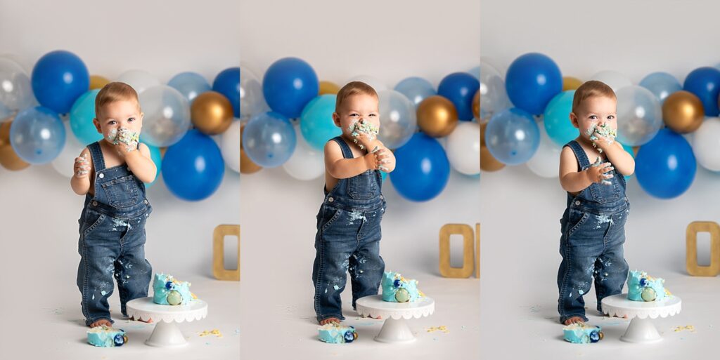 boy in overalls standing at cake smash session